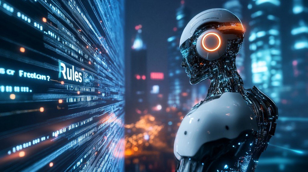 Robot humanoïde face à un flux de données numériques, ville futuriste en arrière-plan
