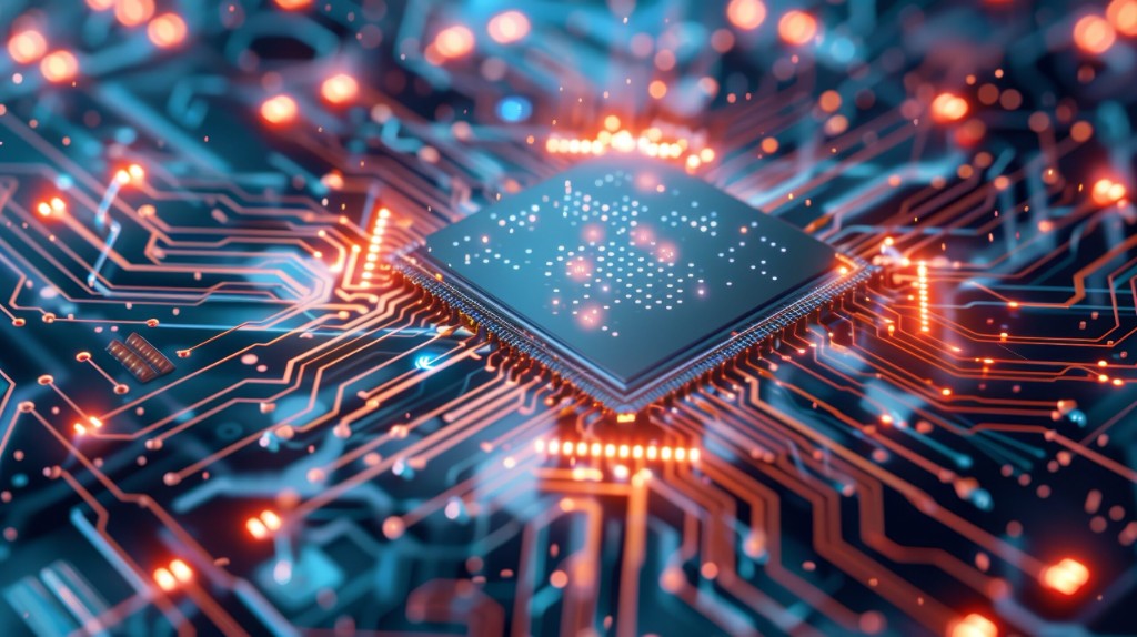 Microprocesseur sur carte électronique, pistes lumineuses et ambiance high-tech